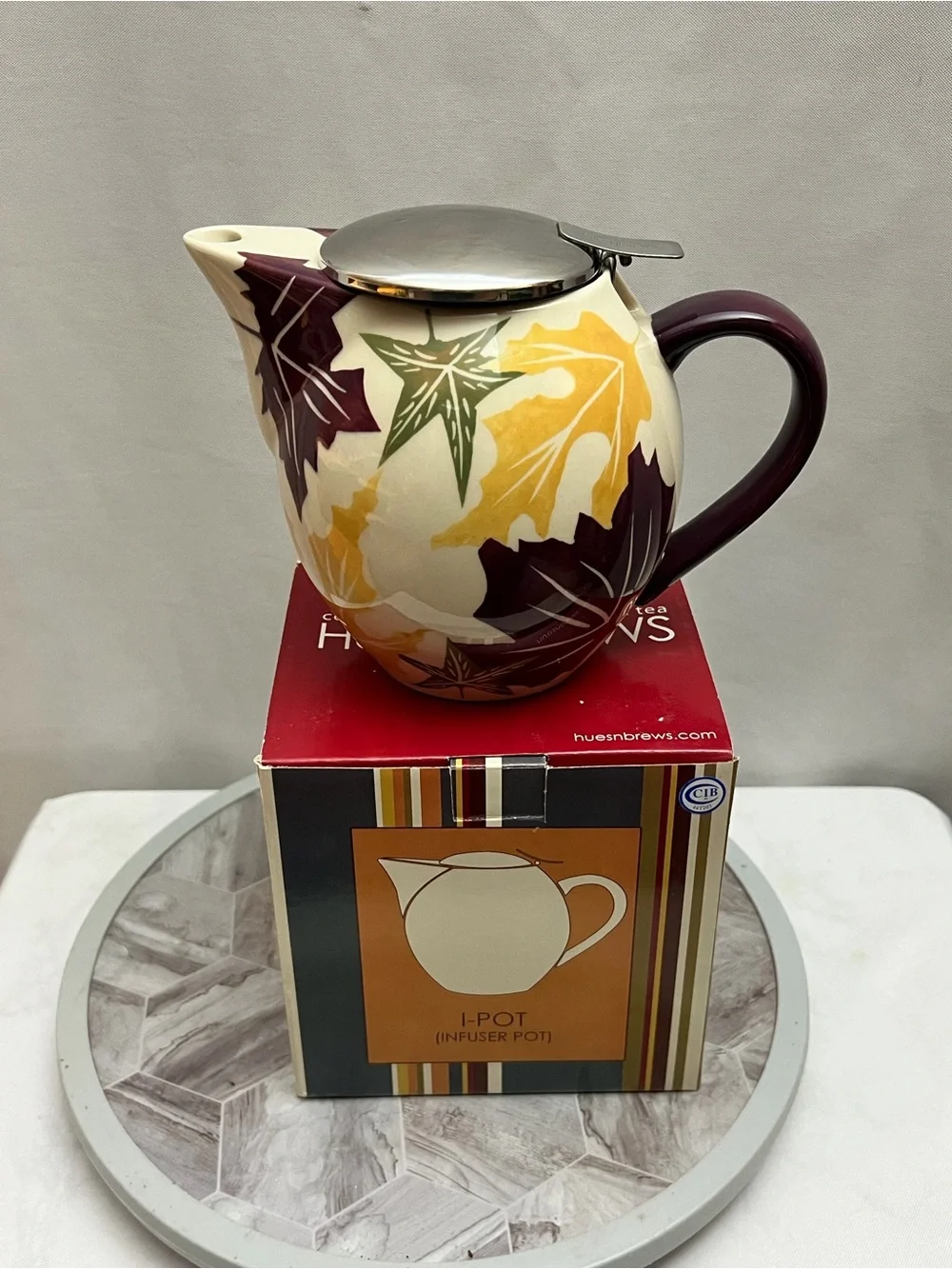 HuesNBrews I-Pot Ceramic Tea Infuser Pot Fall Leaves Stainless Lid Strainer Box
